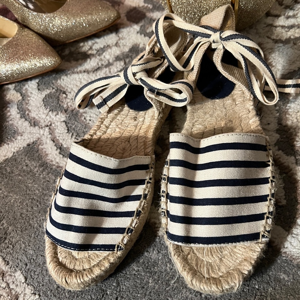 Gap Blue Striped Cream Espadrille Tie String Sandals Sz 7